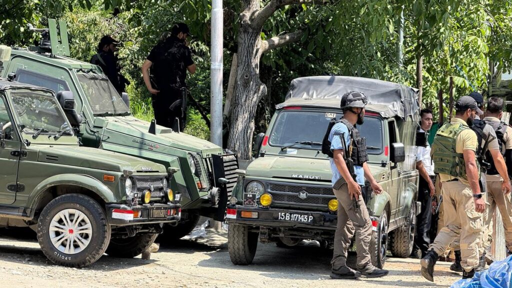 Security forces during an anti-terror operation in the Lidwas meadows of Srinagar, Jammu and Kashmir