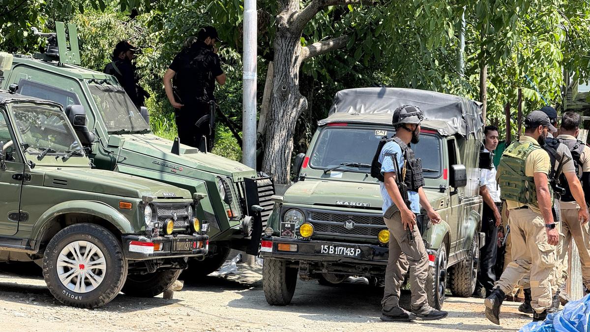 Security forces during an anti-terror operation in the Lidwas meadows of Srinagar, Jammu and Kashmir