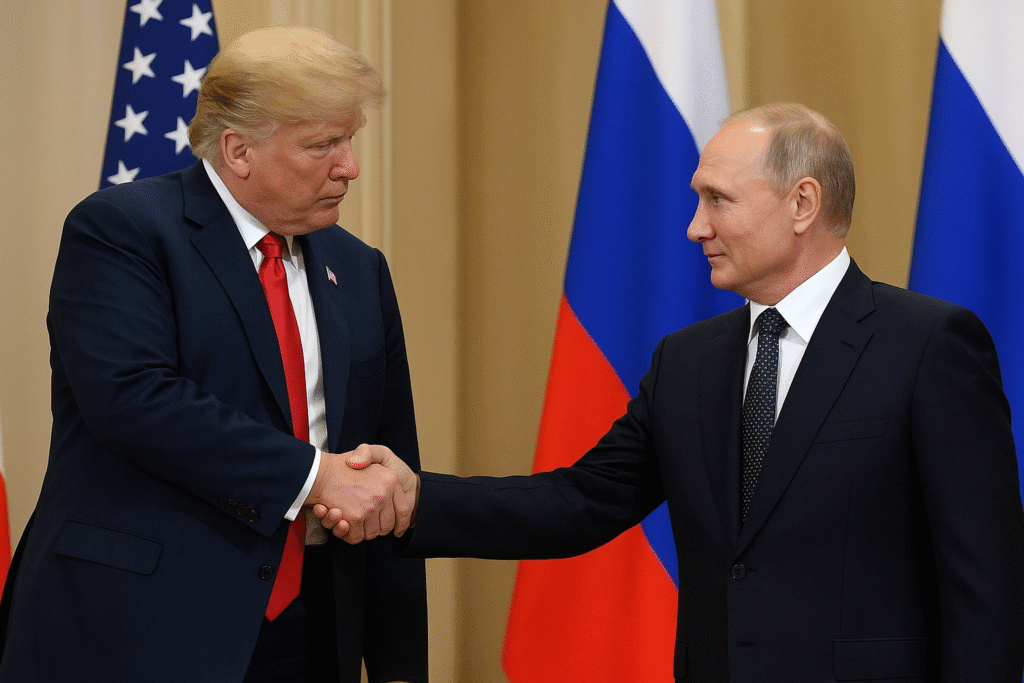 Donald Trump and Vladimir Putin shaking hands at Alaska summit, with flags of the United States and Russia in the background
