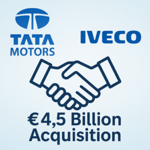 Tata Motors and Iveco logos with handshake symbolizing €4.5 billion acquisition deal in global commercial vehicle market