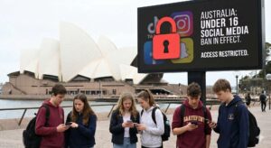 Australian teenagers looking at smartphones near Sydney Opera House with a digital billboard displaying a red padlock symbol representing the Australia under 16 social media ban